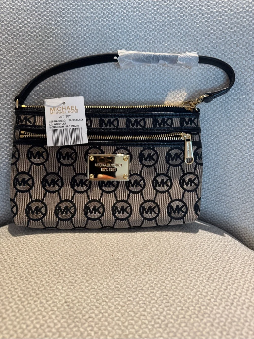 Michael Kors Beige & Black Monogram Jacquard Signature MK Wristlet